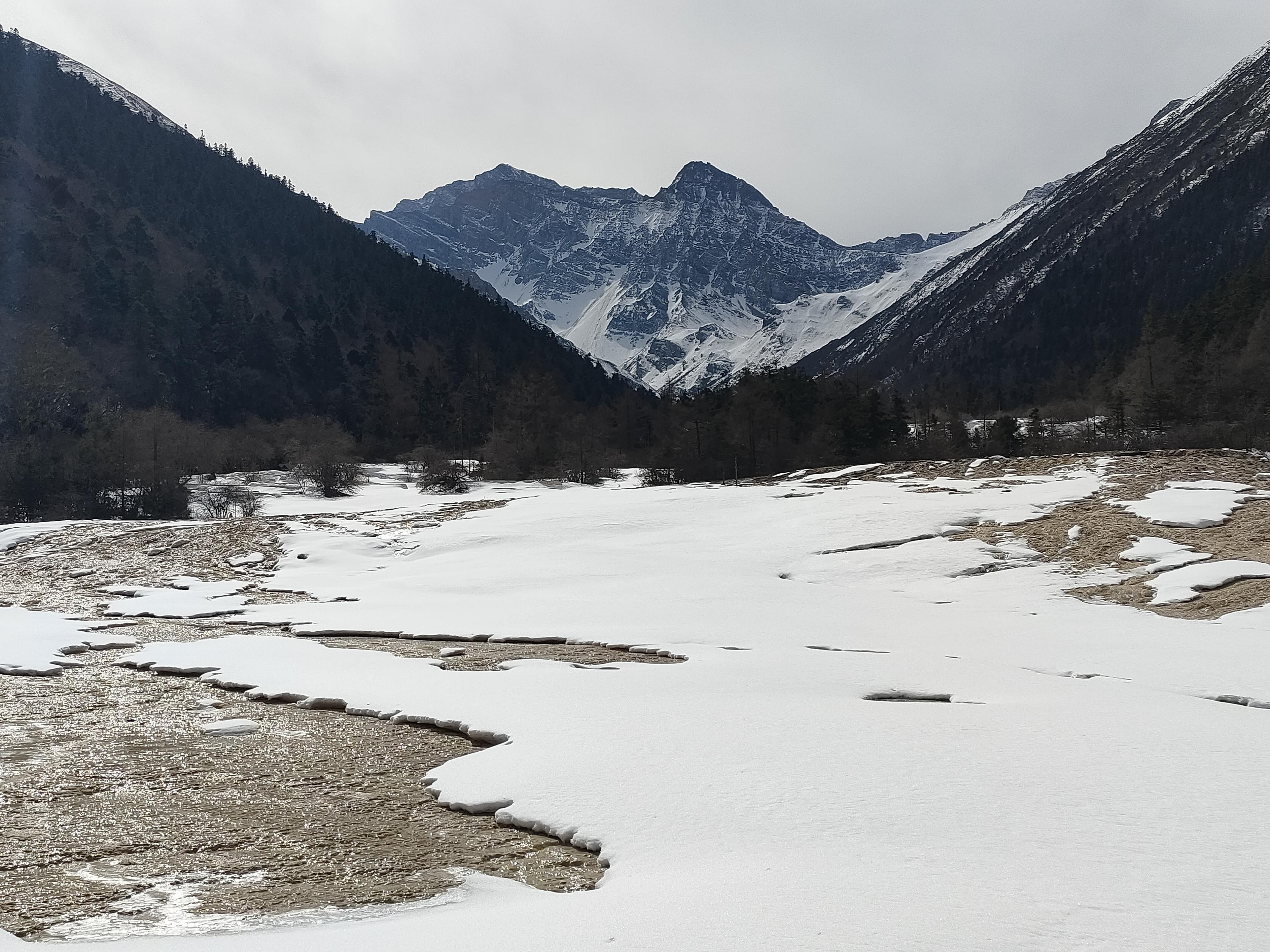 户外风景照片,展现群山环绕的开阔山谷。照片中心是一片被雪覆盖的平坦地面有不规则的裂缝。可看到一些裸露呈黄色的钙华。照片背景是连绵的山脉,山峰呈现出深灰色或黑色,山顶覆盖着白雪。山峰的轮廓呈现出锯齿状的线条。山谷两侧的山坡上覆盖着茂密的森林,树木呈深绿色。天空呈现出阴沉的灰色,云层低垂。