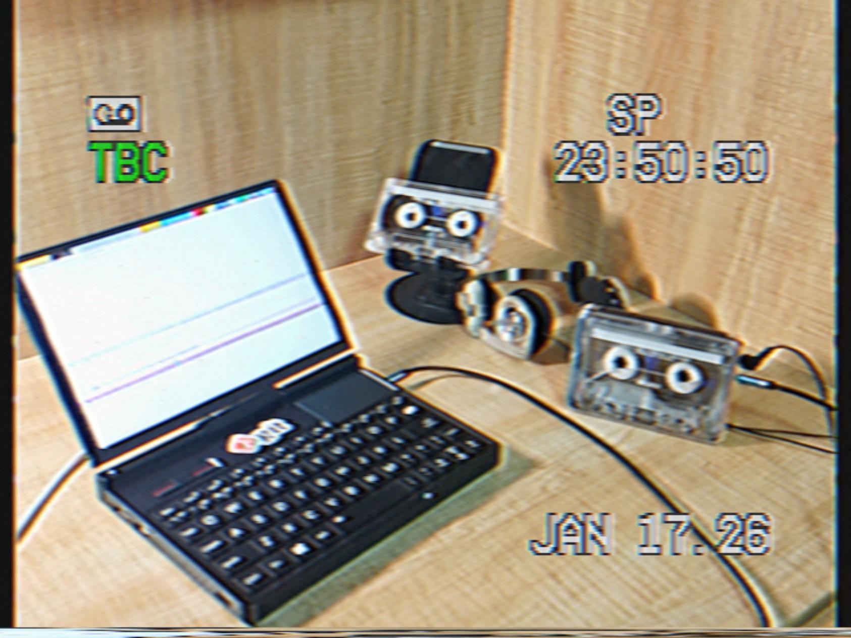 一个带着 vhs 滤镜的相片，显示了一个用 gpd pocket 小型电脑通过 3.5 转 3.5 链接到磁带机同时磁带机链接到一个 koss pp 小型头戴耳机，旁边手机支架放着个磁带的场景